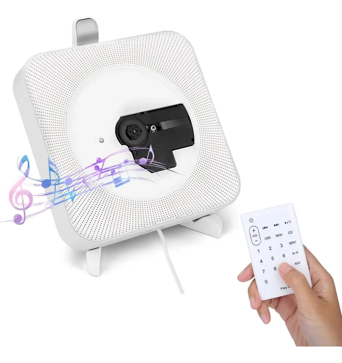 Leitor de CD portátil, leitor de parede de CD Bluetooth, kit de leitor de CD portátil com controle remoto, interface USB, MP3, rádio FM, alto-falante HiFi (branco)