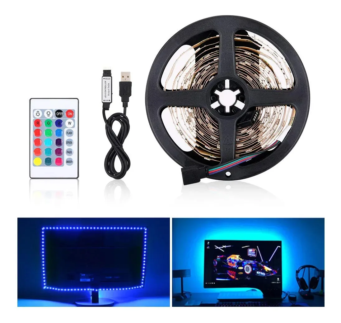 Faixa de luz LED flexível USB, faixa de LED 5050 RGB, faixas de luz DC, faixa decorativa interna para cenários de TV, barra de cozinha leve para carro (4 m 120 LED)