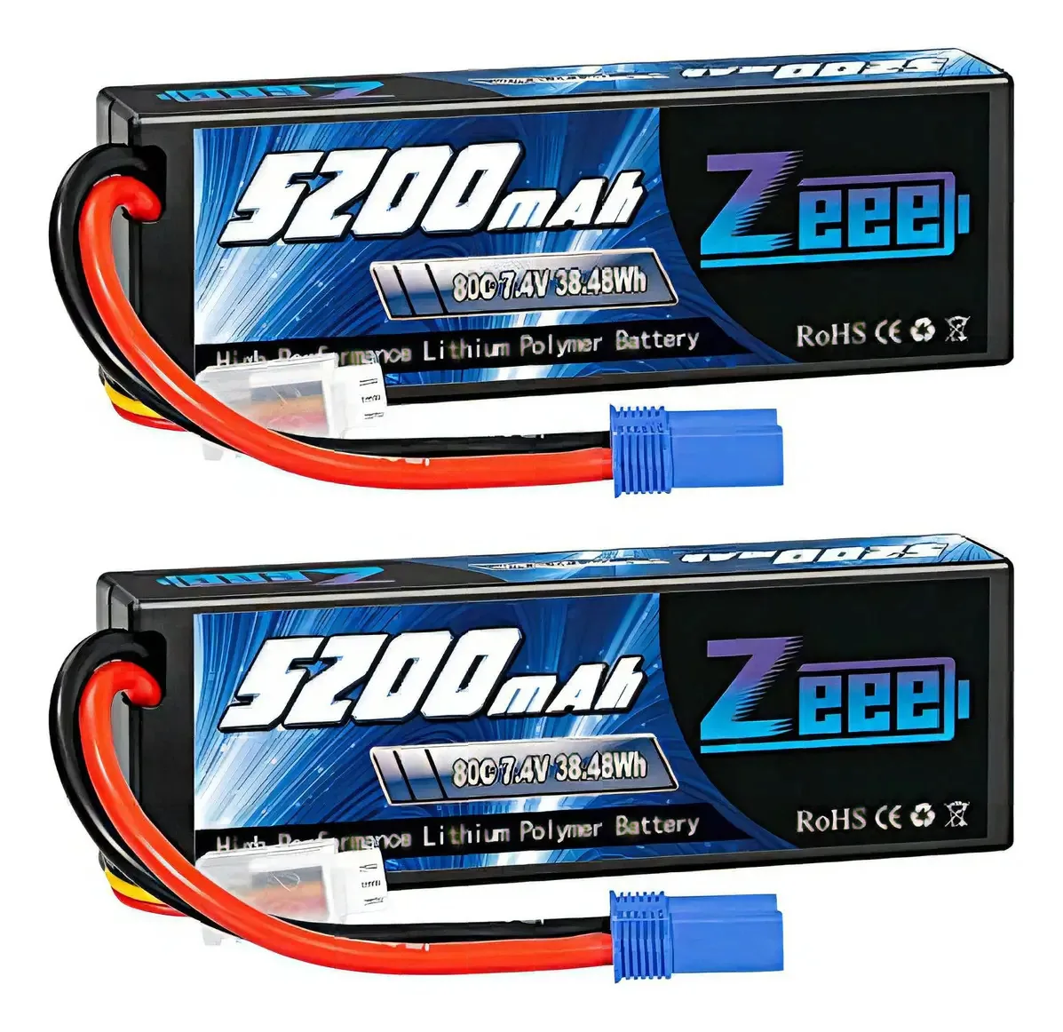 Bateria Zeee 2s Lipo 7.4v 5200mah 80c com Conector Ec5 para Veículos 1/8 1/10 Rc Traxxas Slash X-maxx Rc Buggy Truggy Rc Avião Drone (2 Pacotes)