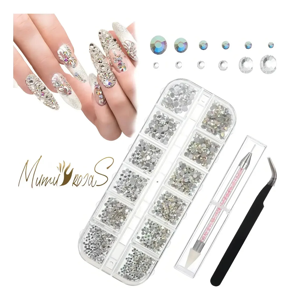 Conjunto de strass redondo Cristales Ab Nail Art em cor prata