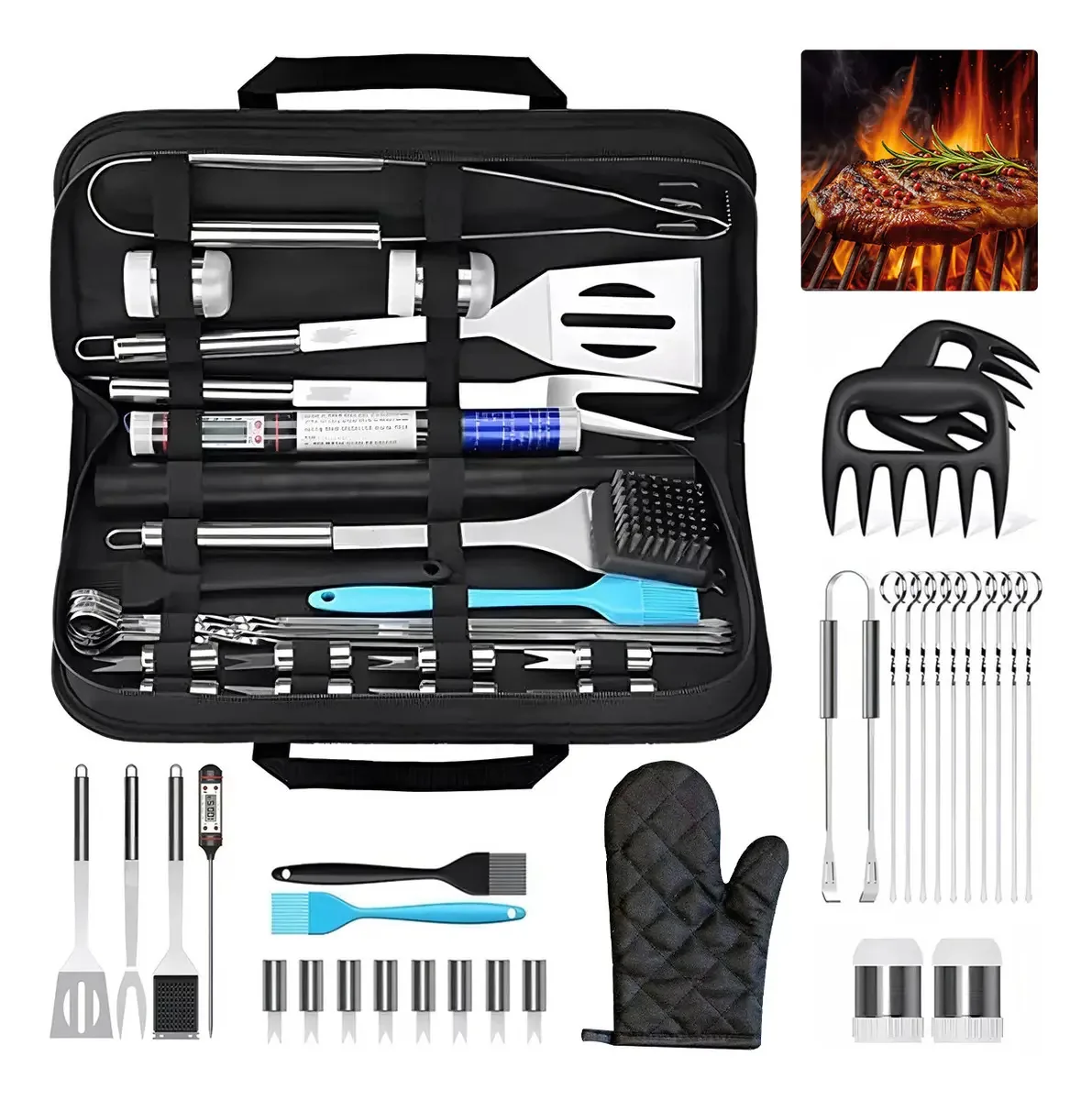 Kits de churrasco Conjunto de 31 conjuntos de torrefadores de aço inoxidável Acessórios e utensílios para carne assada no churrasco