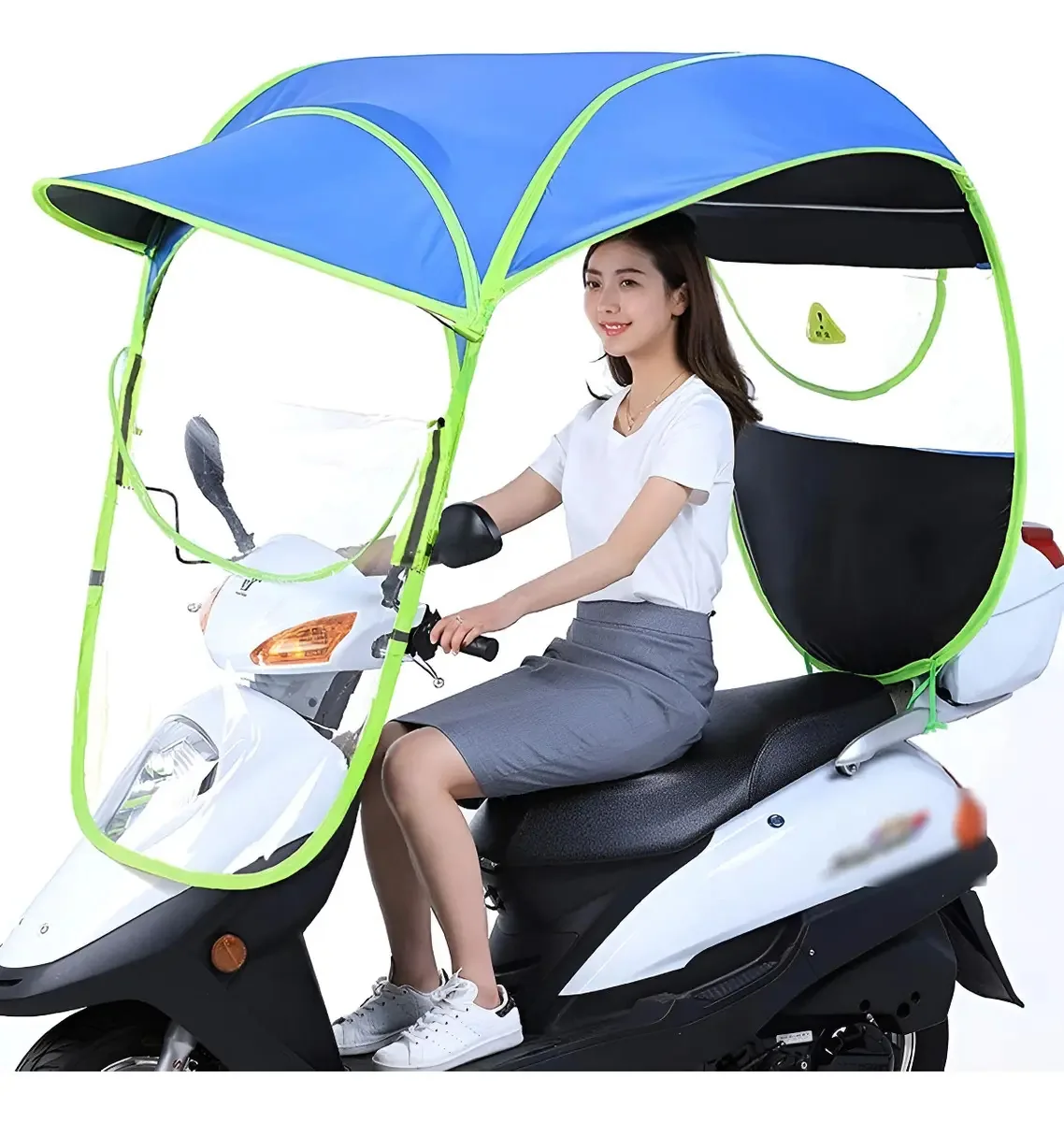 Toldo de scooter com proteção solar azul e chuva