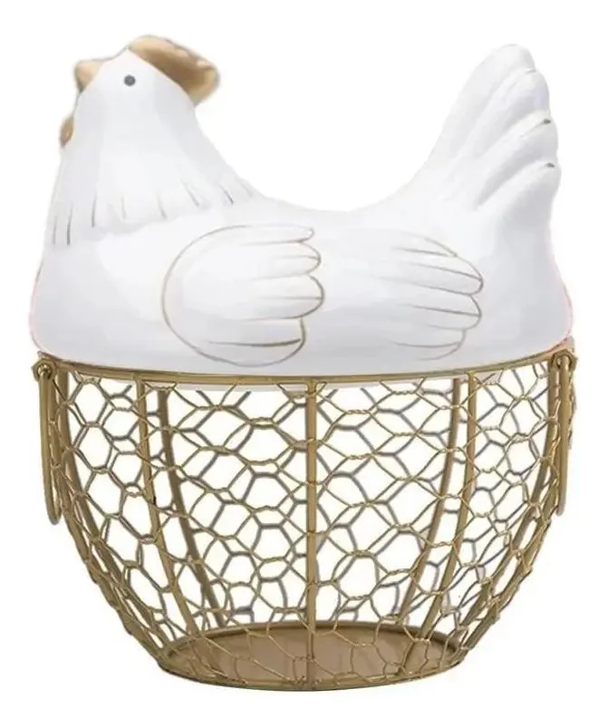 Porta Ovos Cesta Galinha Decorativo Cerâmica Branco Premium