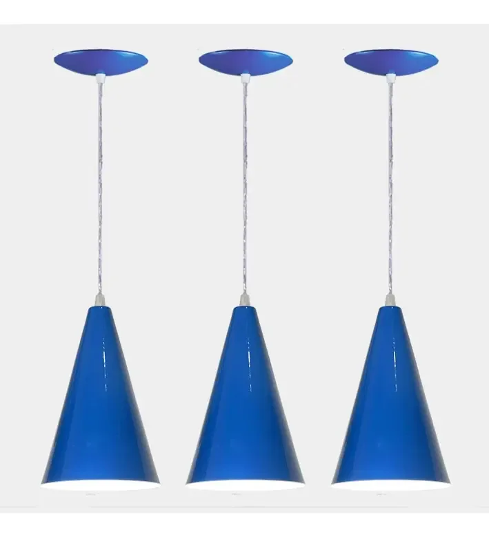 Kit 03 Pendentes Cone Em Alumínio - Cor Azul