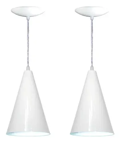 Kit 02 Lustres Pendente Cone Em Alumínio - Cor Branco