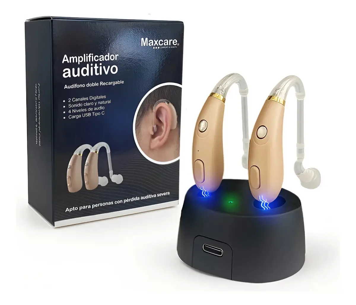 Amplificador auditivo, aparelho auditivo, surdez severa, recarregado duas vezes, bege