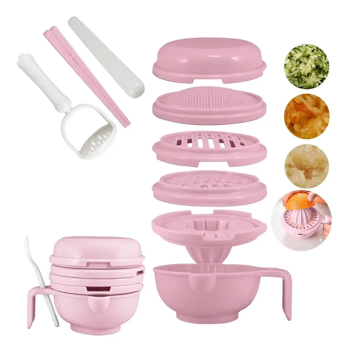Tigela de moagem Shredder para mingau de comida para bebês, rosa