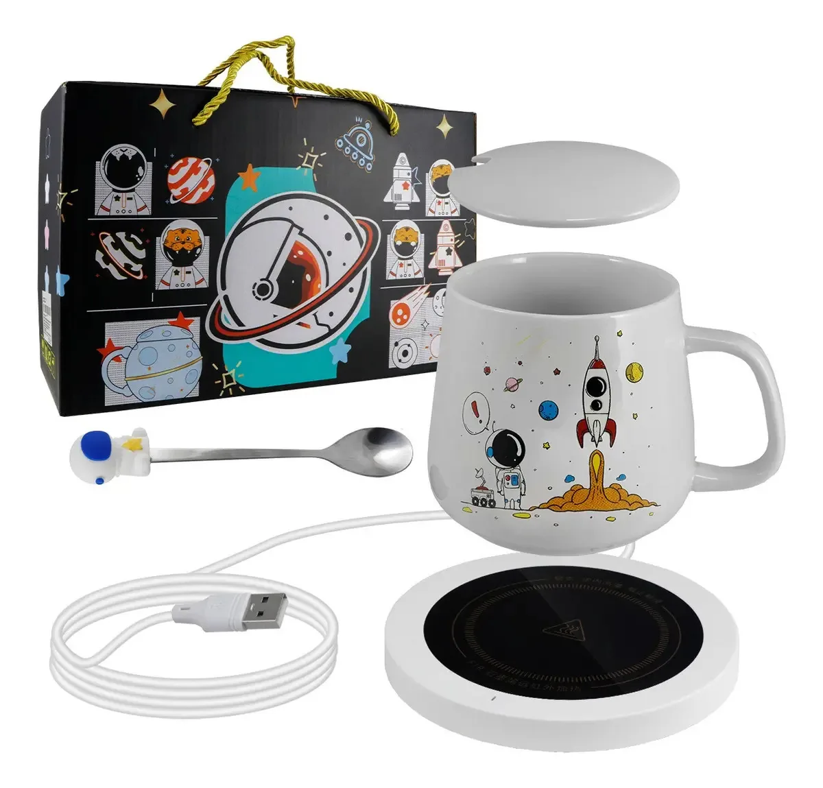 Caneca de aquecedor elétrico de cerâmica USB Ceramic Astronaut Coffee Rocket Color