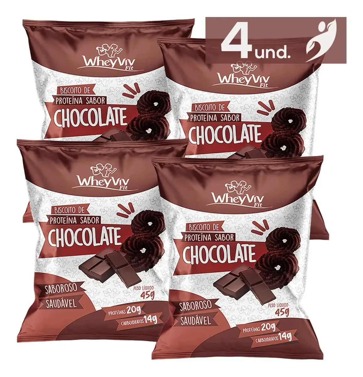 Kit 4 Biscoitos Fit Chocolate Com Whey Protein Wheyviv 45g