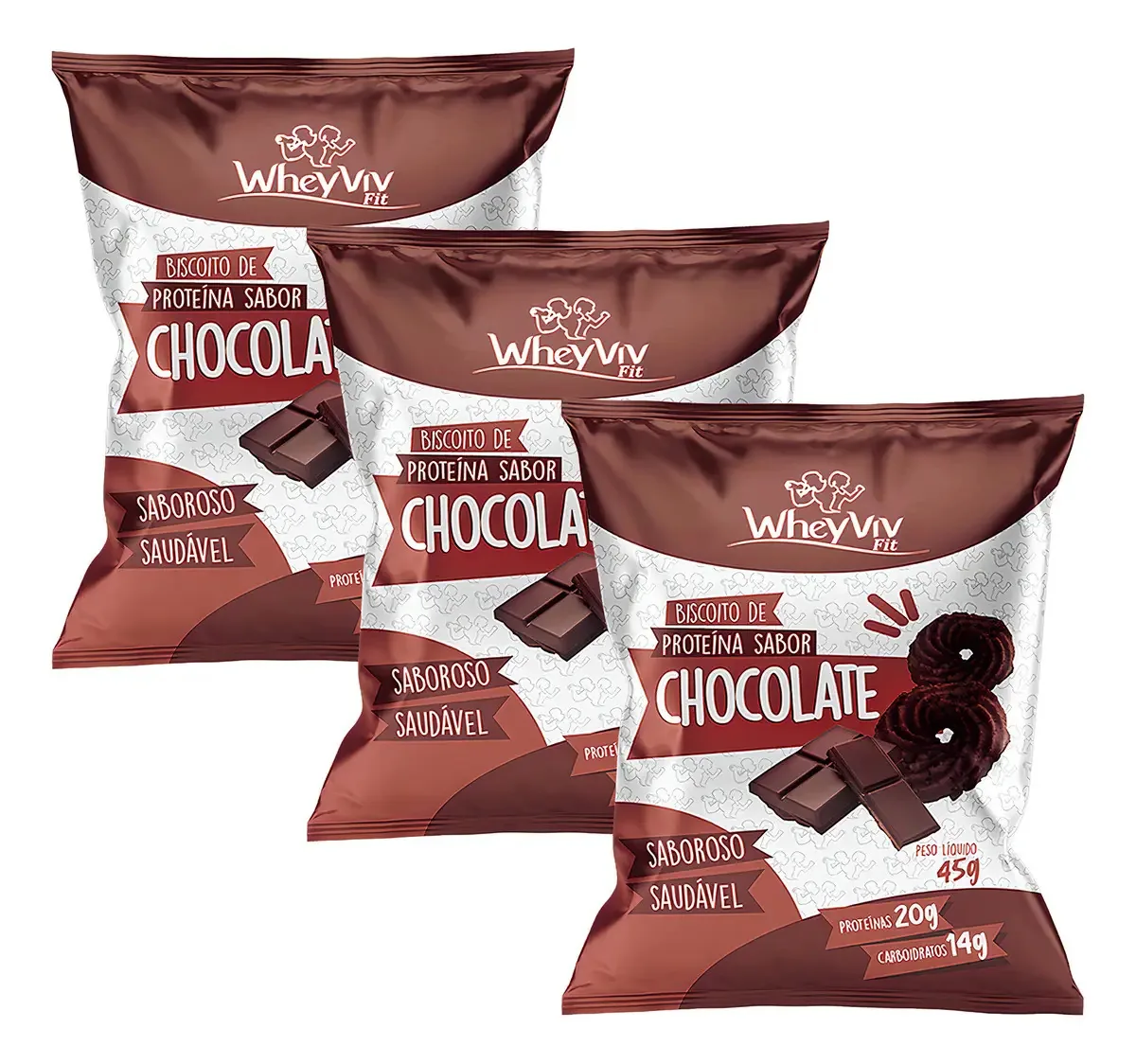 Kit 3 Biscoitos Fit Chocolate Com Whey Protein Wheyviv 45g