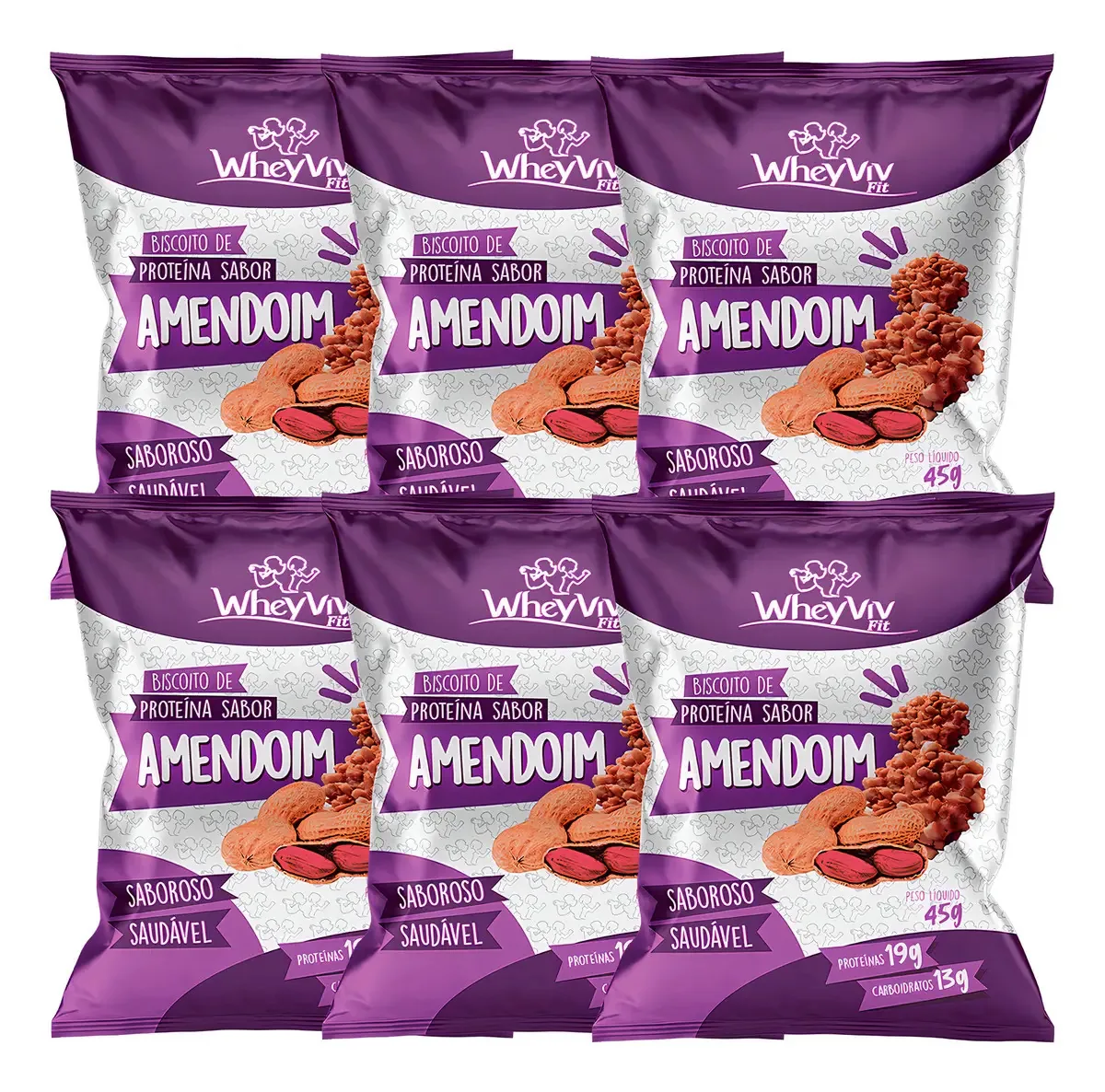 Kit 6 Biscoitos Fit Amendoim Com Whey Protein Wheyviv 45g