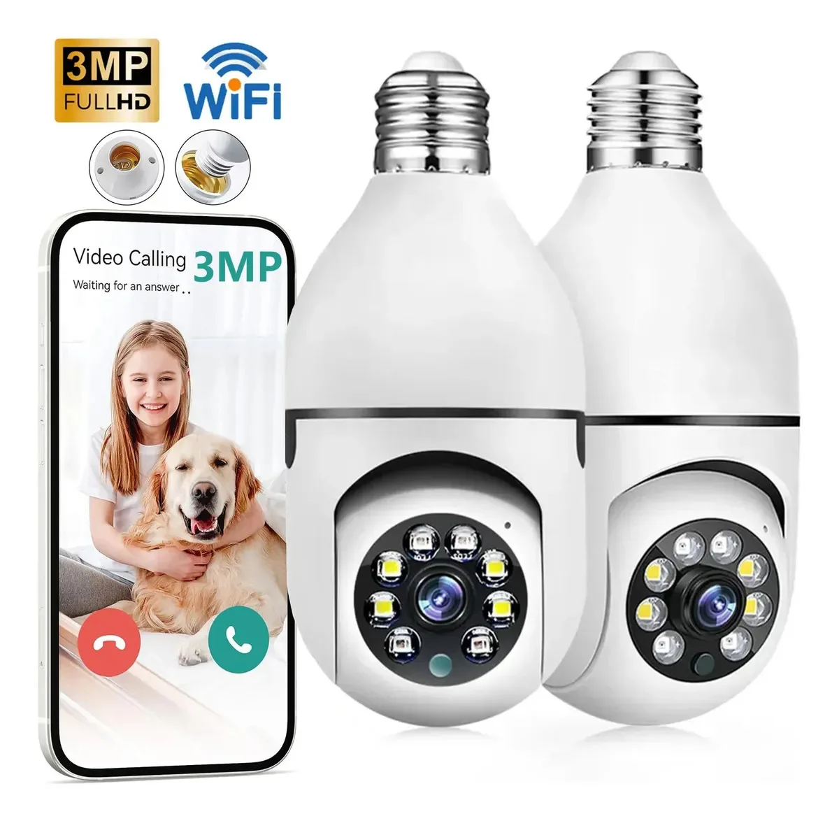 2 unidades de câmeras de segurança WiFi externas e internas HD 3mp Focus 360° com alarme de câmera de vigilância LED Câmera de vigilância sem fio de áudio de visão noturna 1080p com E27