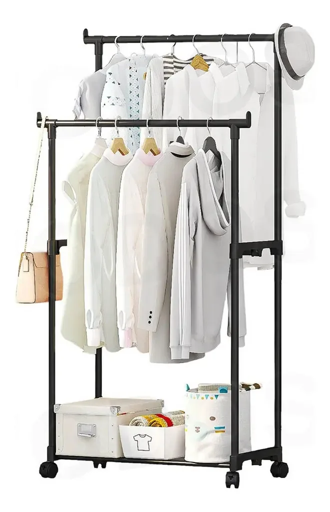 Cabide Organizador Duplo Para Roupas Closet Com Rodas Cor Preto