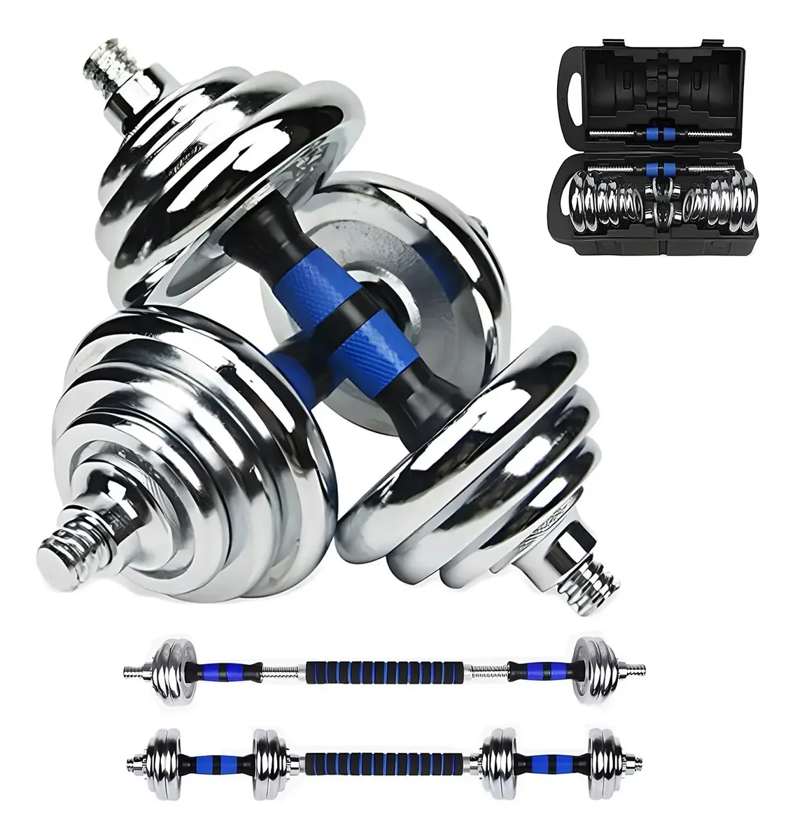 Kit de Halteres Pesos com Barra Discos Exercício Academia 15kg Cor Azul