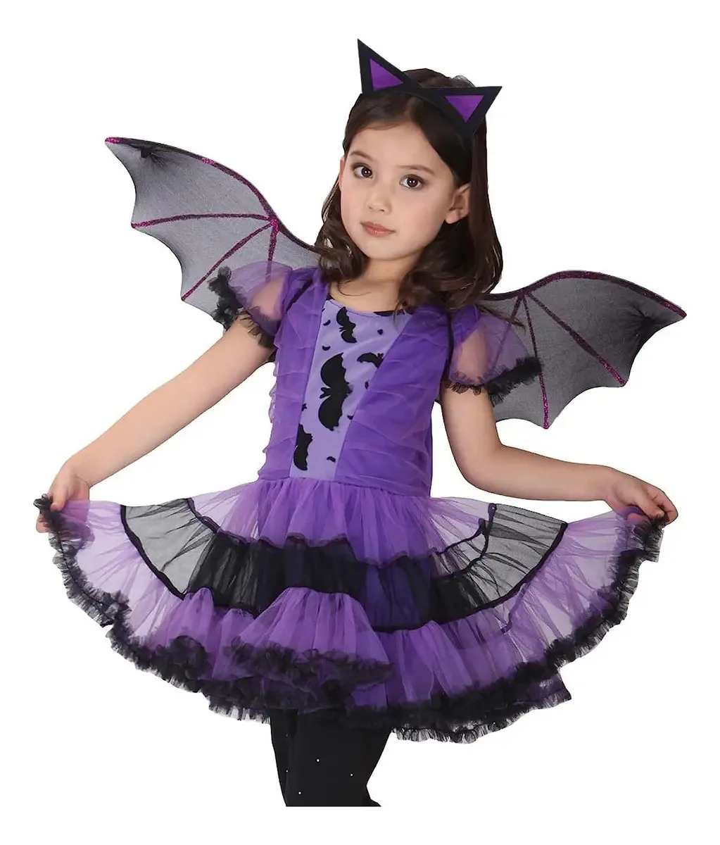 Fantasia de Halloween Morcego Menina com Asas Tutu 4-12 Anos