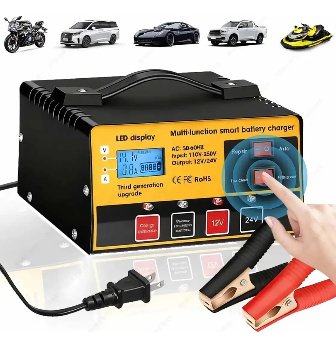 Carregadores de bateria de motocicletas Fast Smart Car 12v 24V Intelligent Pulse Automatic Repair Maintenance com tela LCD de carro para veículos off-road