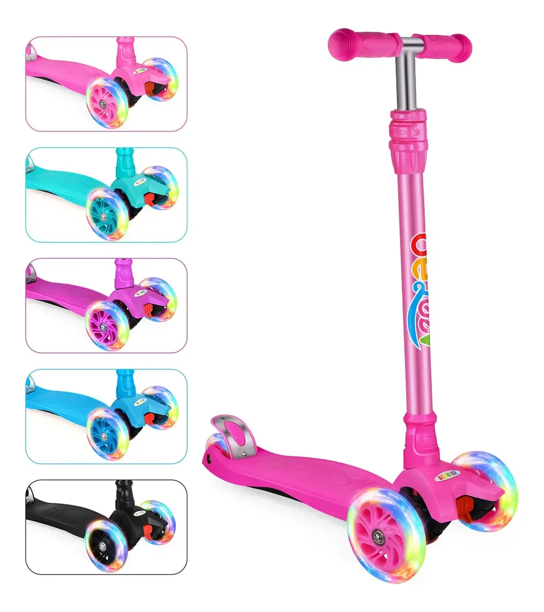 Beleev Scooters para Crianças, Patinete com Três Rodas e Sistema de Equilíbrio, Rodas Iluminadas Patinete para Meninas e Meninos de 3 a 14 Anos, 4 Alturas Ajustáveis, Freio Traseiro