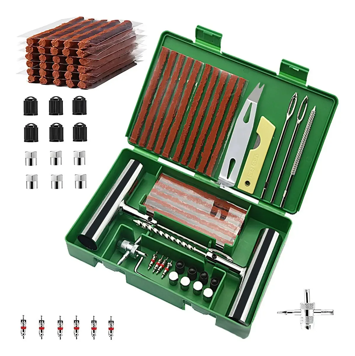 Kit de reparo de pneus de motocicletas automotivas de 58 unidades, ferramentas de reparo de pneus furados com caixa, adesivos universais com 30 tiras de borracha para carros, caminhões e motocicletas