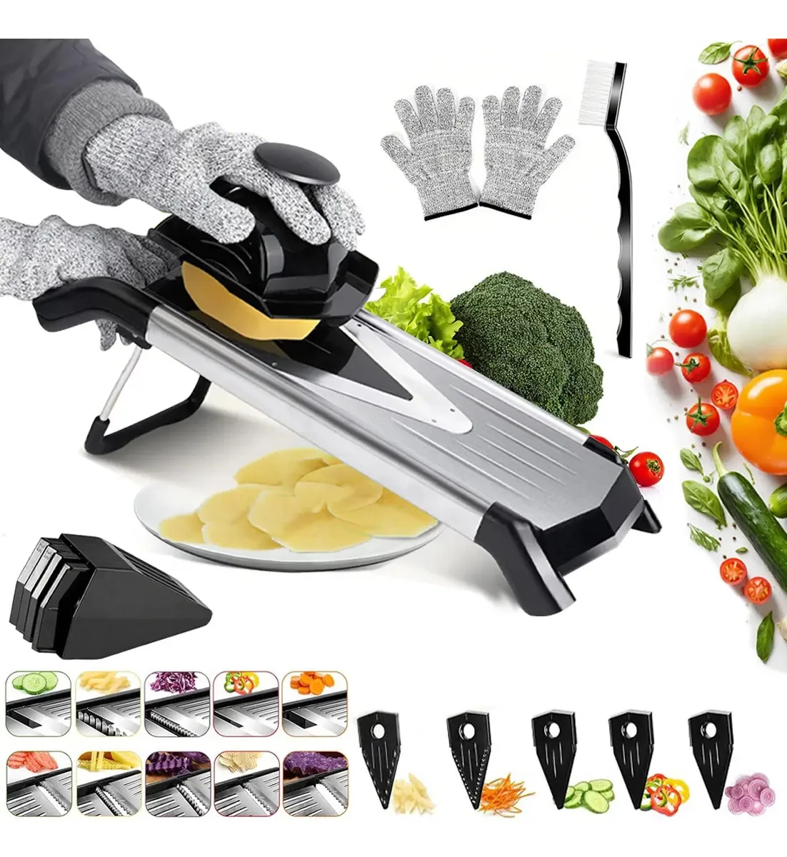 Cortador de corte de aço para cozinha com bandolim, ralador de vegetais com 5 lâminas ajustáveis, escova de limpeza e corte de luvas pesadas, cortador de vegetais multifuncional para cebola, tomate...