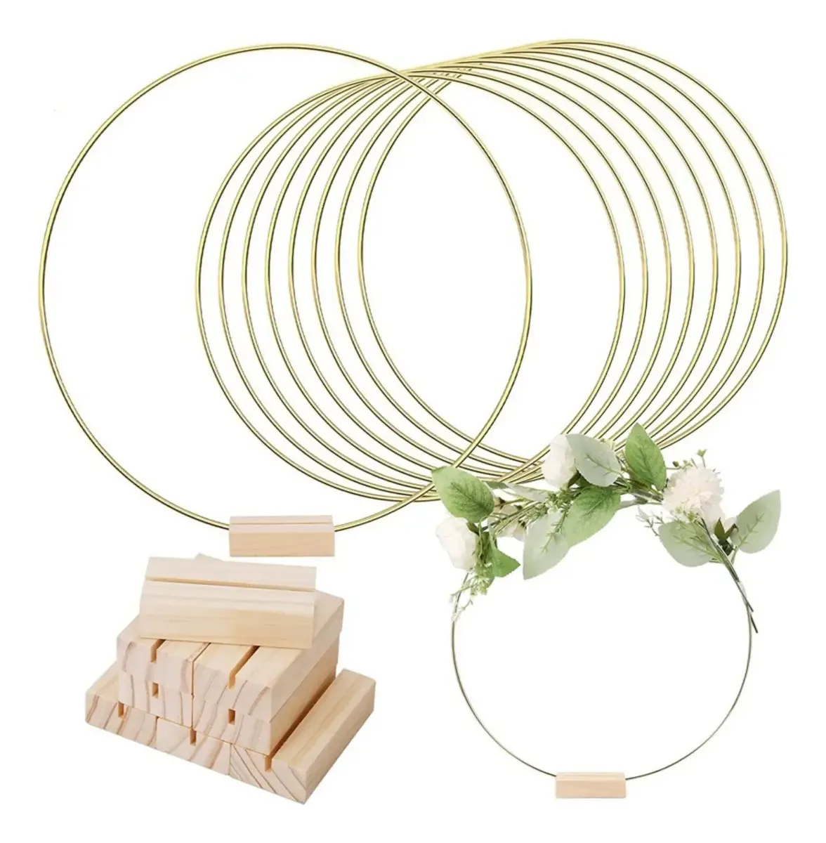 Anel floral de metal Cortes, peça central de 12 peças com base de madeira, anel decorativo para casamentos, eventos, festas, bricolage, decoração de mesa, arco floral, suporte para arranjos de flores