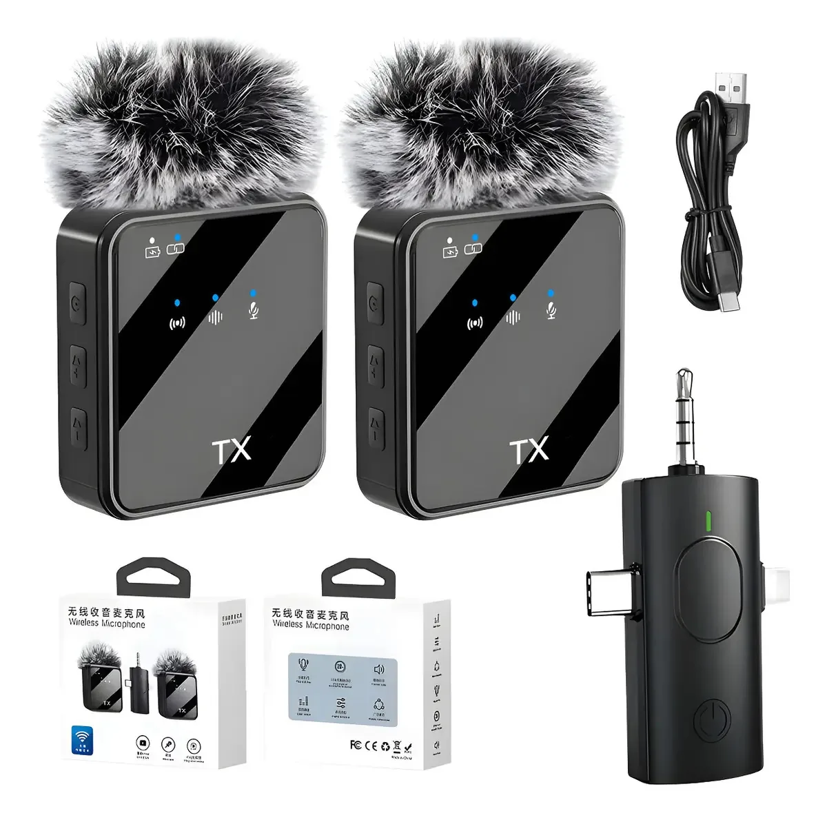 Microfone sem fio de lapela 3 em 1 para celular Microfone de lapela preta, 2 peças de microfones sem fio e microfone