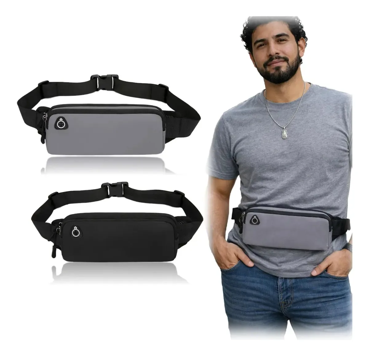 2 bolsas de cintura esportivas multifuncionais impermeáveis unissex, nylon impermeável, para corrida e fitness, bolsa de cintura com moedas, preta e cinza, 7,8 x 3,5 polegadas, bolsa de cintura Oxford