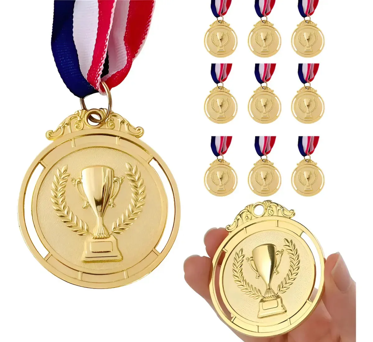10 peças de medalhas de ouro com alça de pescoço, prêmios infantis de esportes, competições e festas, estilo olímpico de 5,1 cm, leves e duráveis