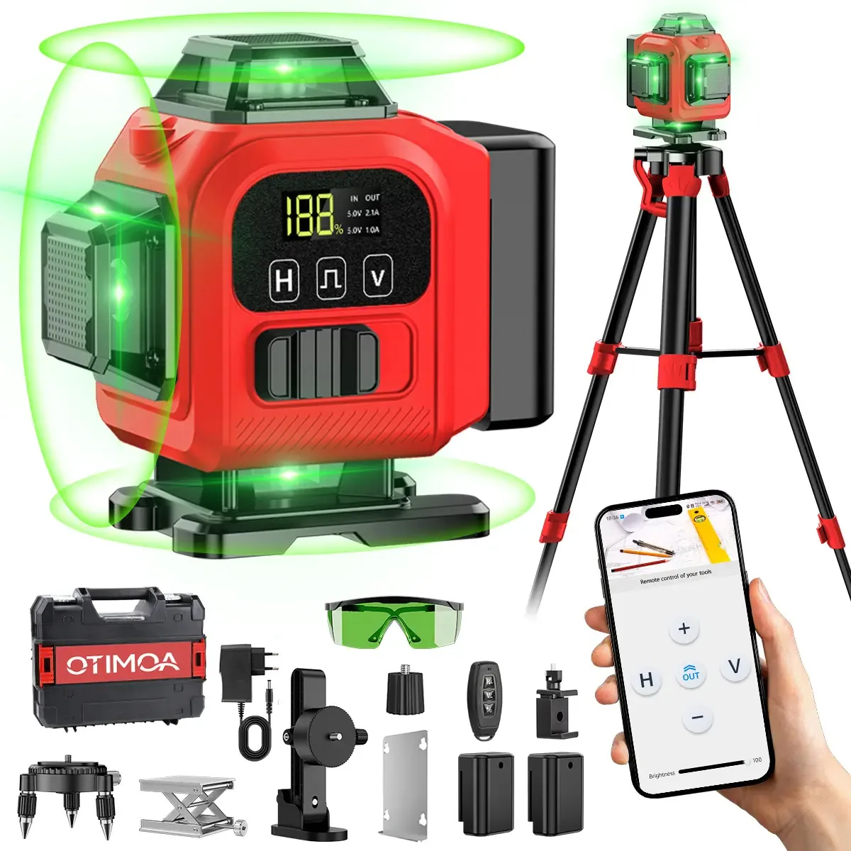 Kit Nível A Laser Verde 16 Linhas Autonivelante Tela Digital Com Esquadro + Suporte + Tripé Recarregavel Bateria Profissional Otimoa