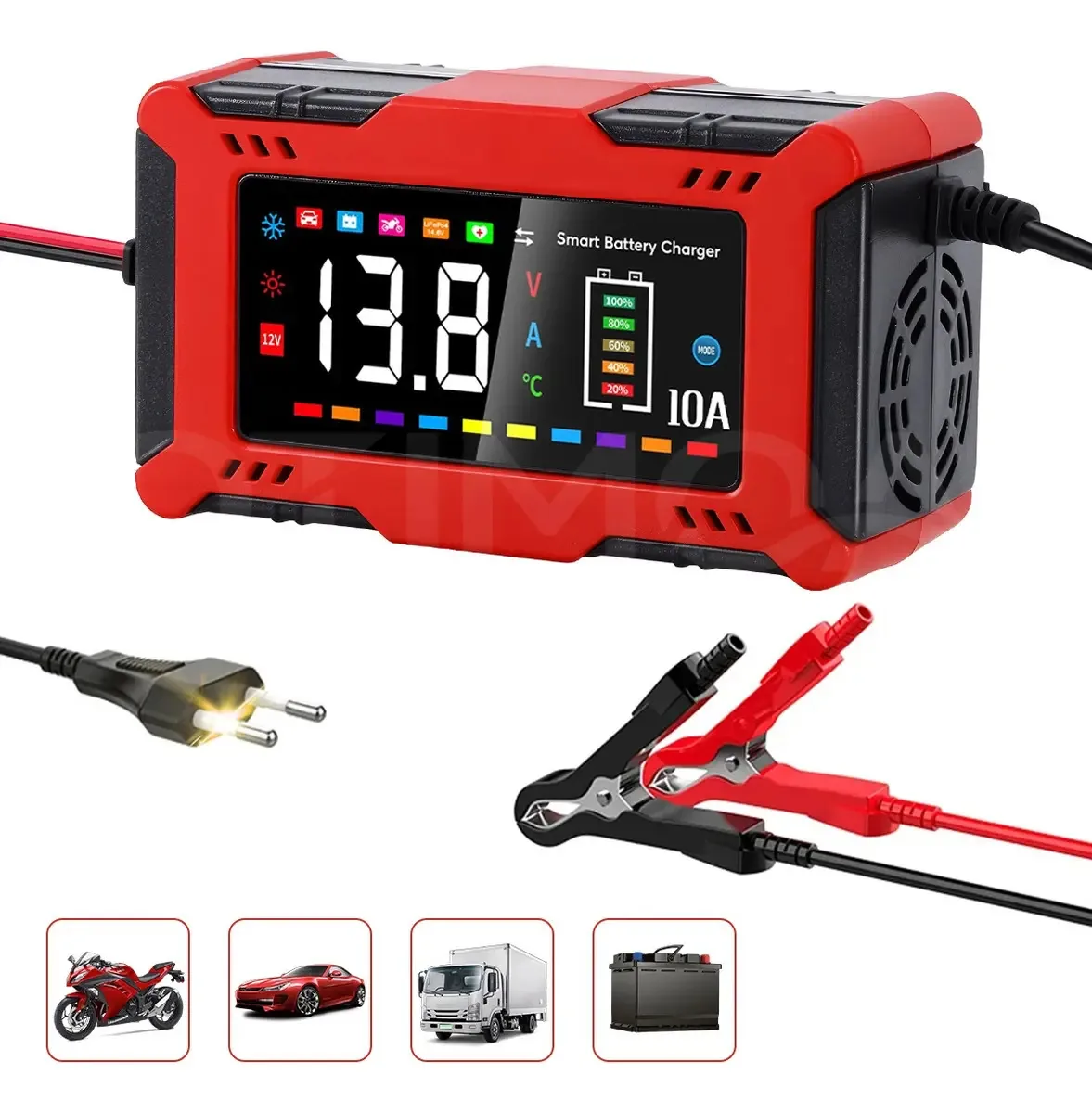 Carregador Inteligente De Bateria 12v 10a Portátil E Rápido Para Carro Moto Automotiva Caminhão OTIMOA