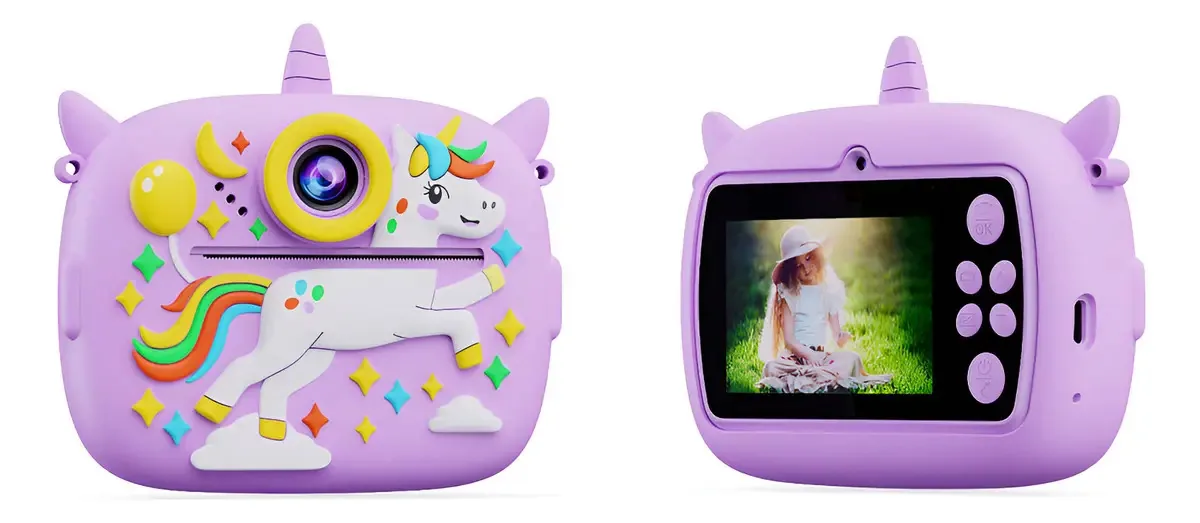 Câmera digital HD para crianças, fotos imprimíveis, cartão de cor violeta de 32 GB