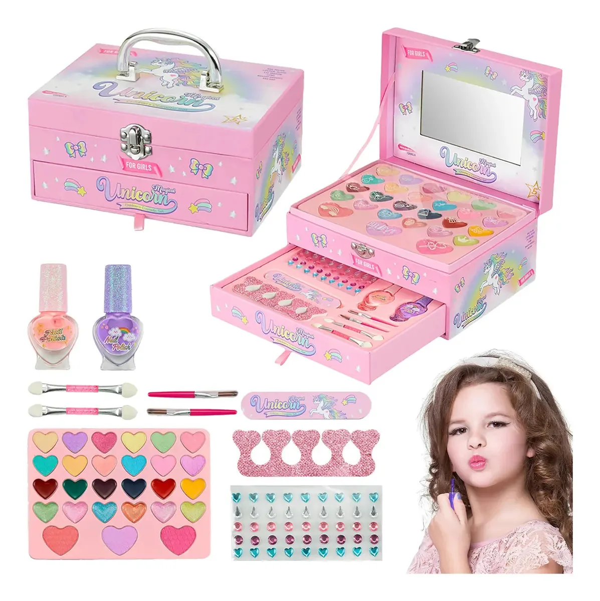Conjunto de maquiagem Pbcoworn® Beauty Set para meninas lavável de verdade, conjunto de beleza, cosméticos para meninas, sombras, batons e acessórios, brinquedo educacional de dramatização ideal...