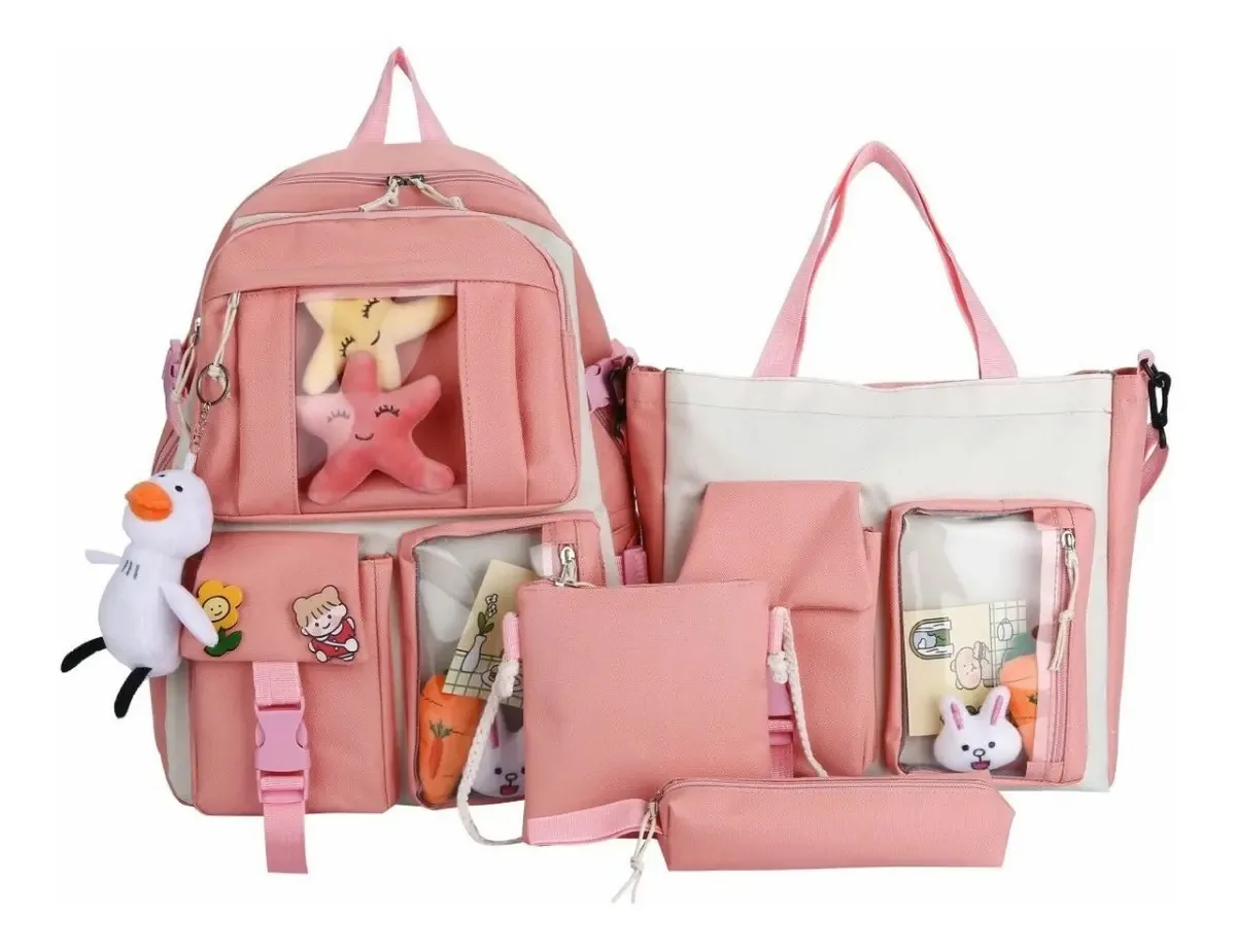 Conjunto de mochilas, 4 peças, bolsas escolares para homens e mulheres, rosa