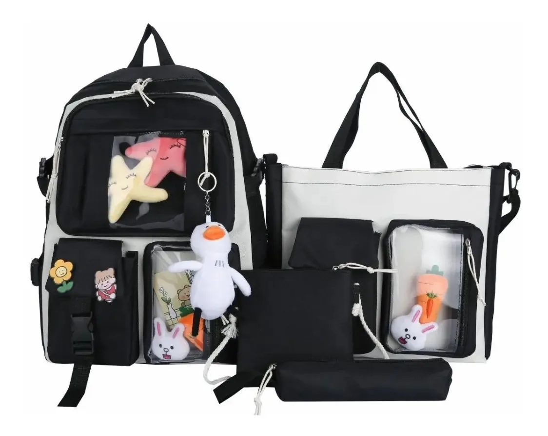 Conjunto de mochilas, 4 peças, bolsas escolares para homens e mulheres, cor preta