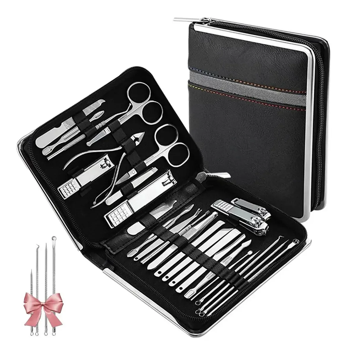 Conjunto de 26 peças de manicure e pedicure para manicure preta em aço inoxidável