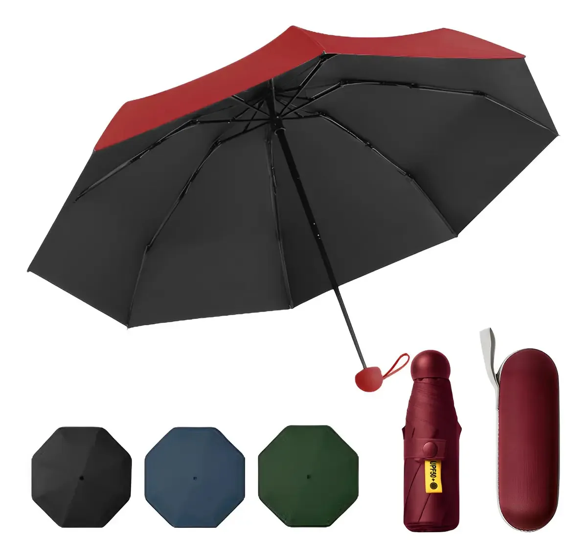 Guarda-chuva Guarda-chuva de bolso portátil reforçado para guarda-chuva de bolso UV Guarda-chuva com proteção UV Borgonha