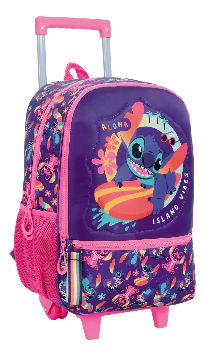 Mochila Stitch, carrinho de surf de 17 polegadas Disney 27152, cor roxo e rosa, design de tecido de surf Stitch