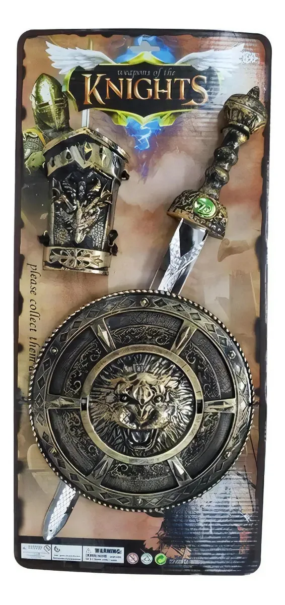 Conjunto de escudo de espada e armadura de antebraço em ouro escuro