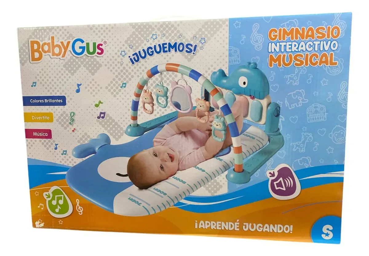 Academia infantil educacional e musical em forma de baleia com arco de jogos, sons, brinquedos pendurados e piano interativo para estimulação precoce