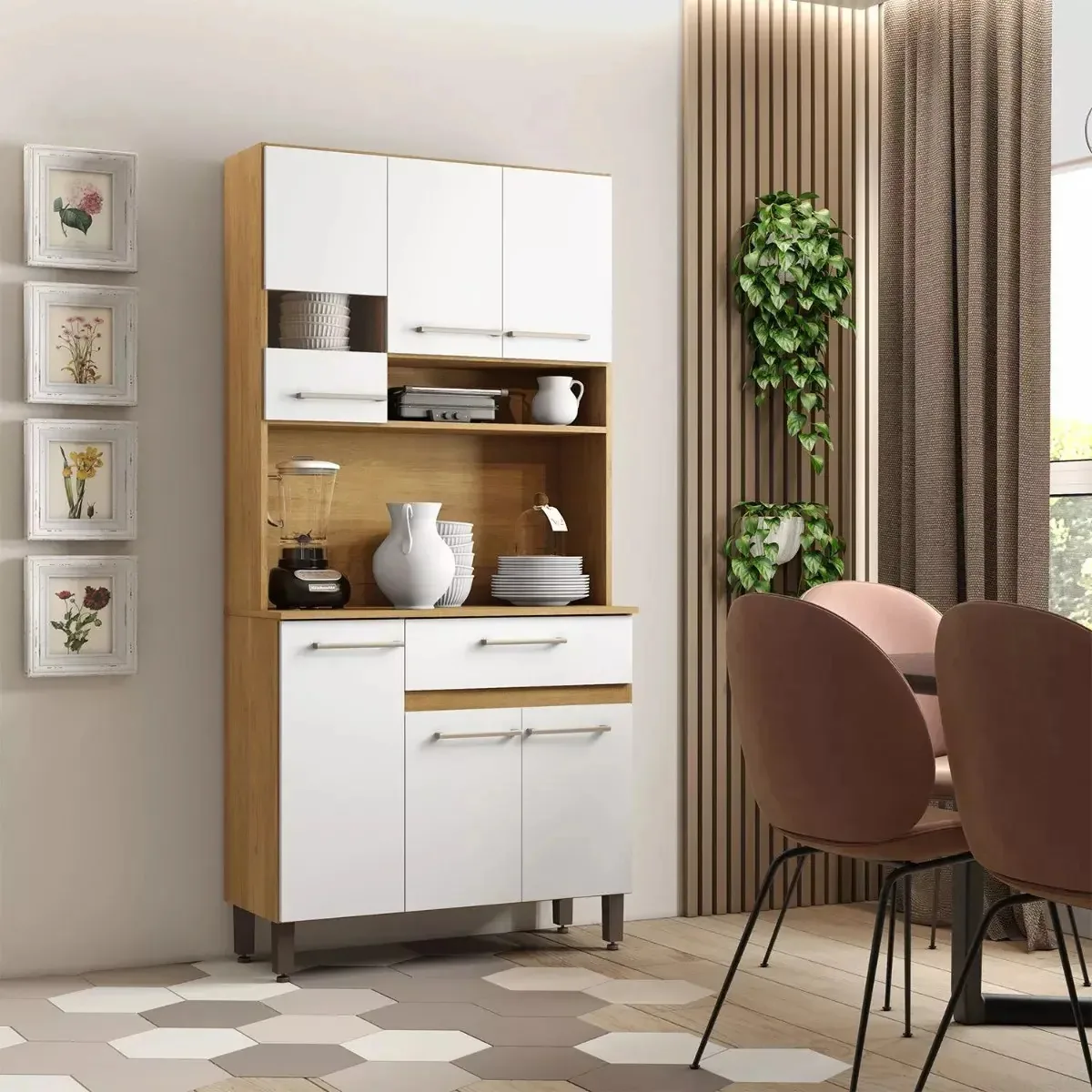Móveis de cozinha, armário, aparador, móveis web, 6 portas, 1 gaveta, modelo 2090, cor mel/branco