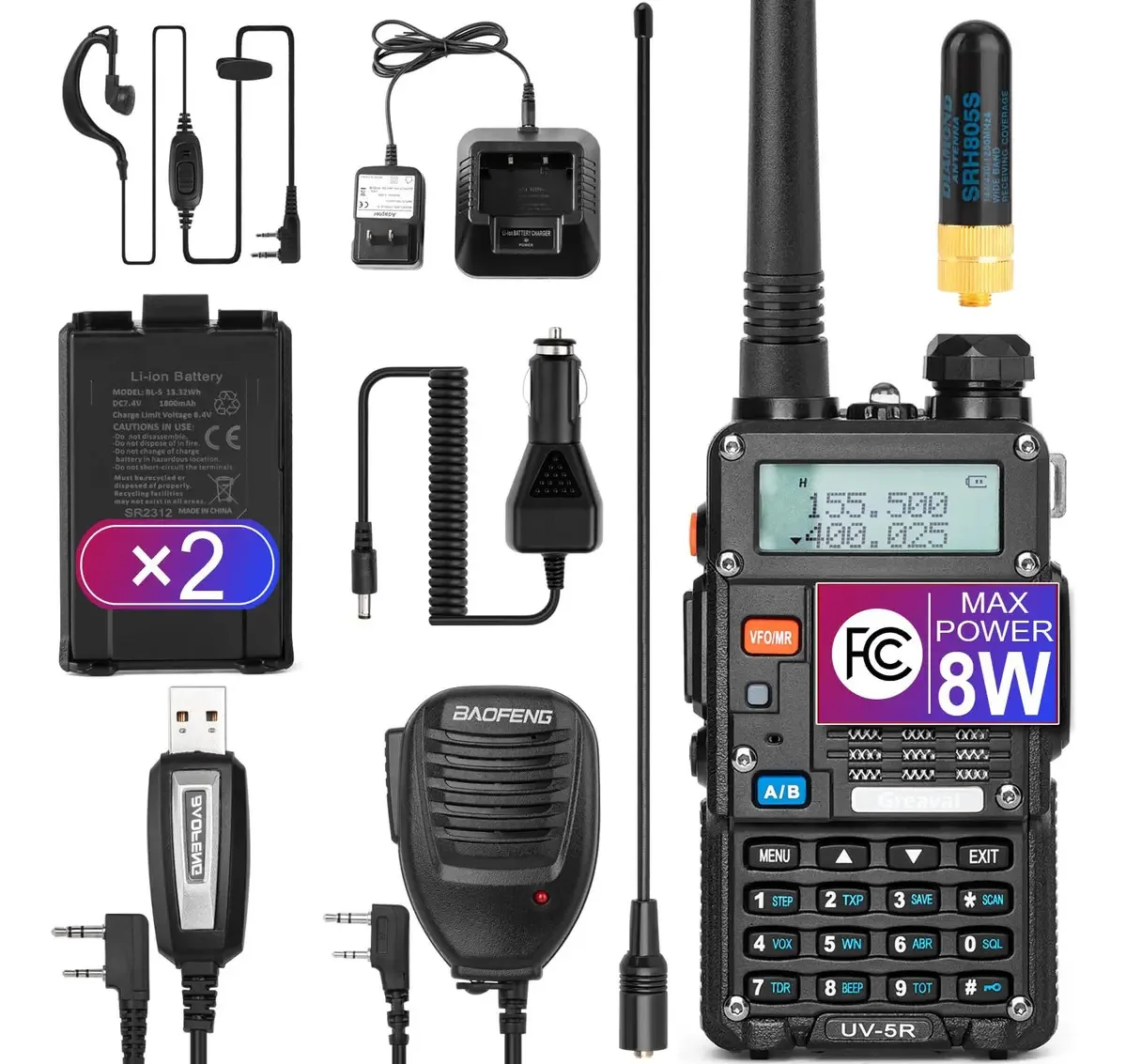 Rádio VHF/UHF de 8w, longo alcance, 2 baterias, fone de ouvido
