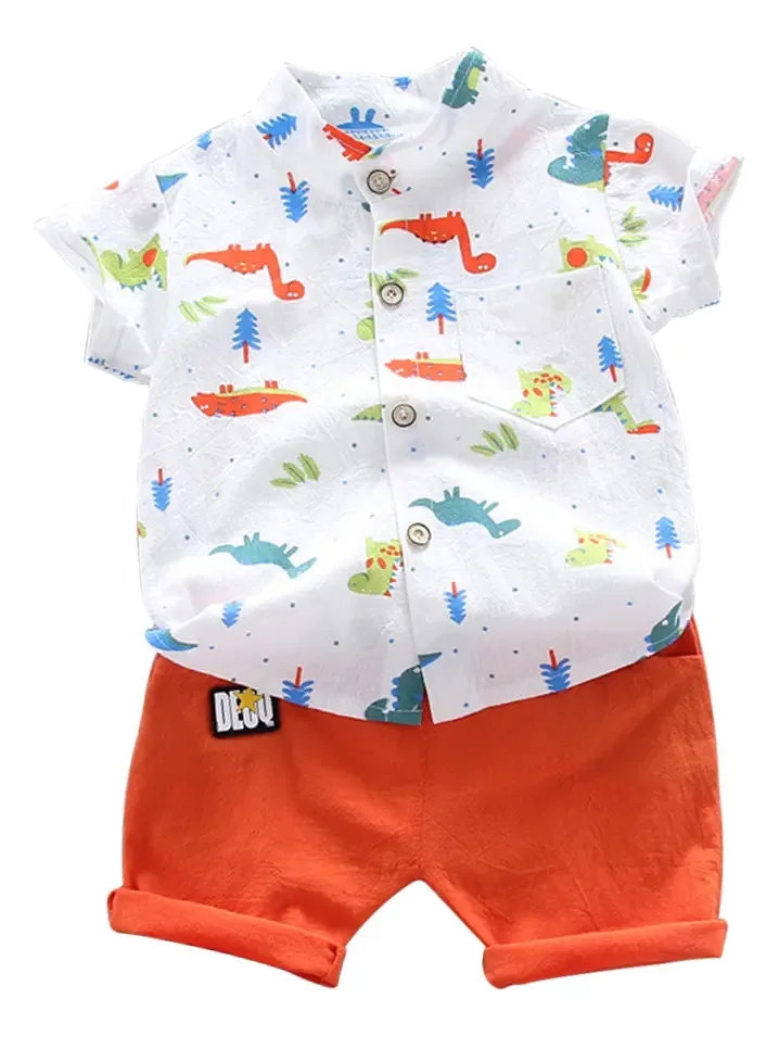 Conjunto de roupas de bebê para meninos, camisa, shorts com impressão branca/laranja, tamanho 90