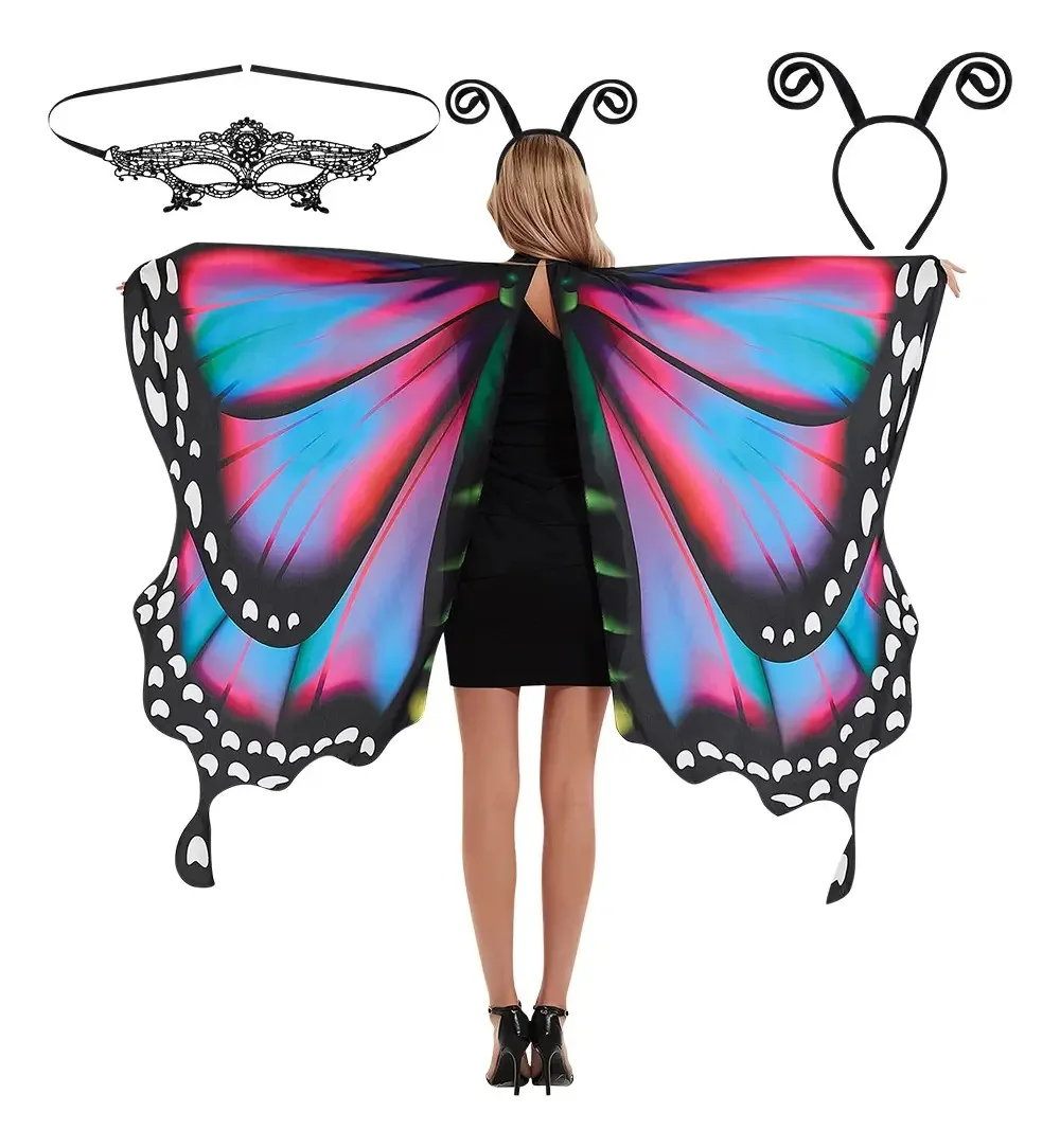 Fantasia de asas de borboleta para mulheres adultas, cor de Halloween, rosa e azul