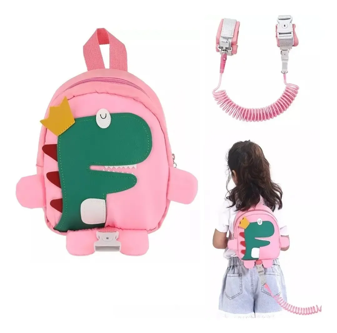 Mochila de segurança infantil com arnês e alça anti-perda, cor rosa dinossauro