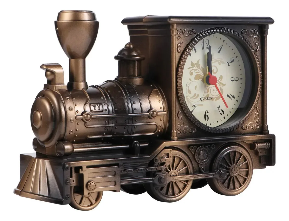 Despertador vintage, mesa de trem, mesa de escritório