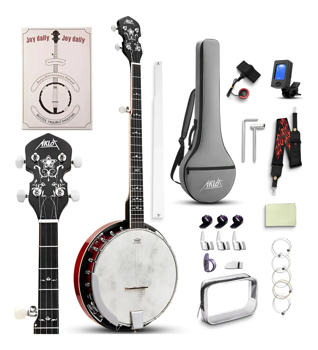 Banjo Aklot em tamanho real com cabeça de remo: conjunto de. Cor bordô