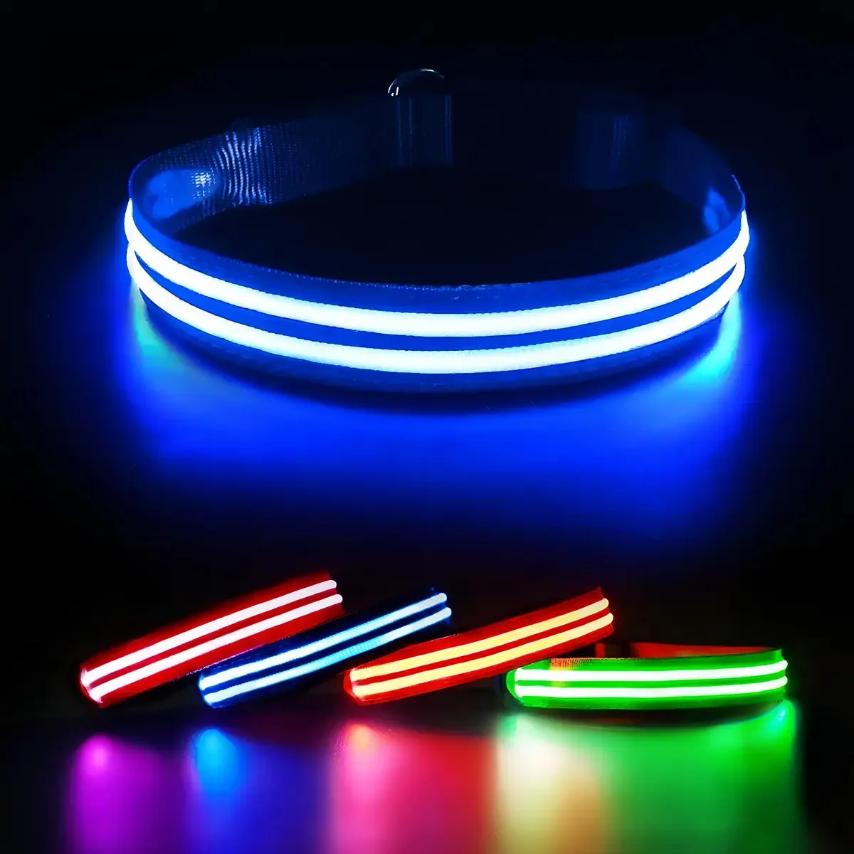 Coleiras para cães, alça reflexiva com 2 LEDs ajustáveis, cor azul, coleira LED para cães, tamanho M