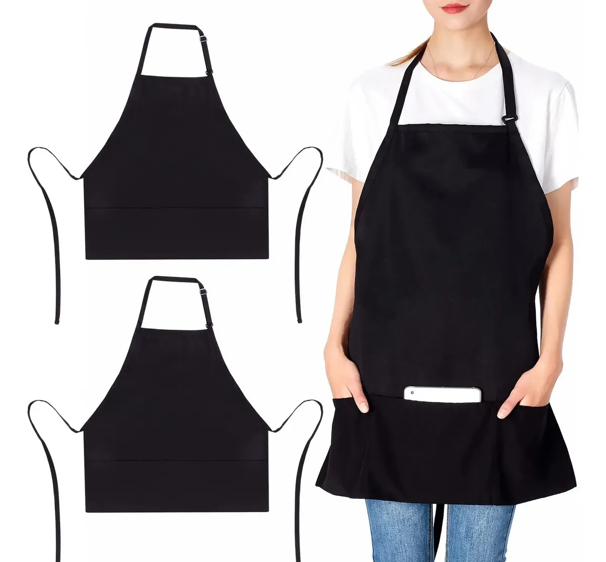 Pacote Jubatus de 2 aventais ajustáveis com 3 bolsos. Cor: Preto