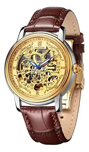 Relógios clássicos Rocosjewe para homens Skeleton Automatic