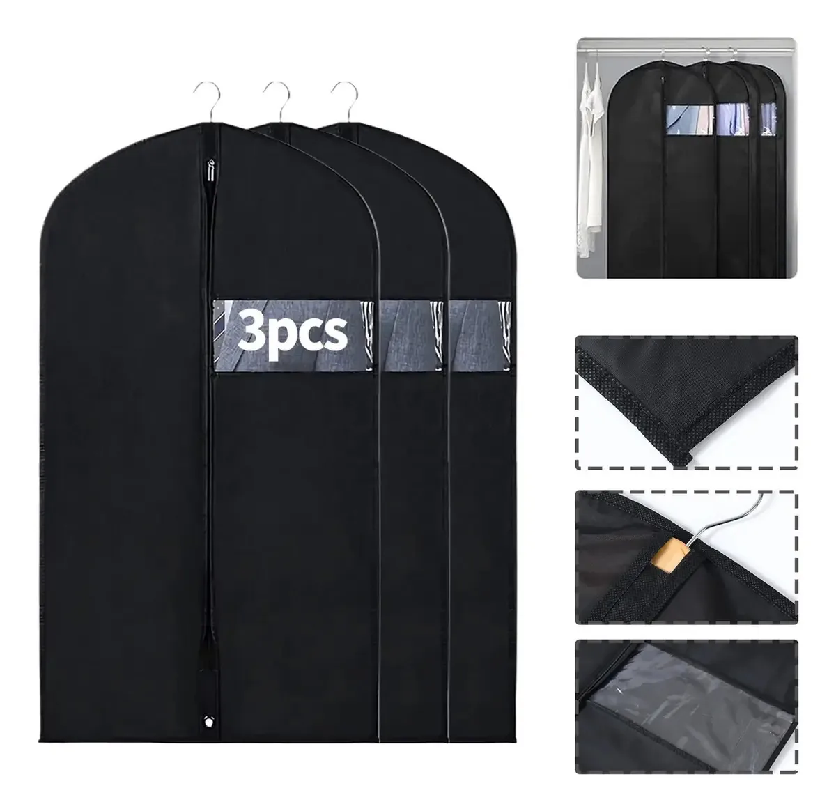 3 capas de poeira para roupas de 60* 100 cm, capas de roupas pretas