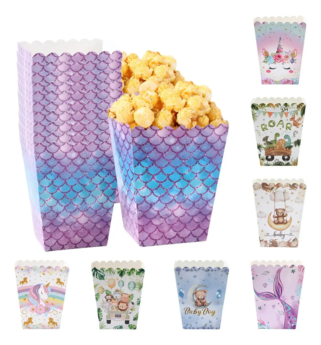 20 unidades de caixas de pipoca, temas, decoração de aniversário, cor violeta
